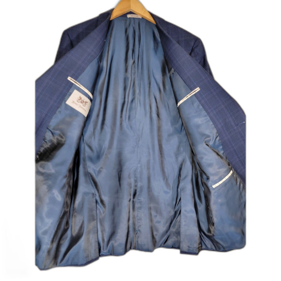 Hickey Freeman Men's Navy Blue Plaid Dual Vent Lapel Sport Coat Suit Jacket- 46L - Picture 2 of 8